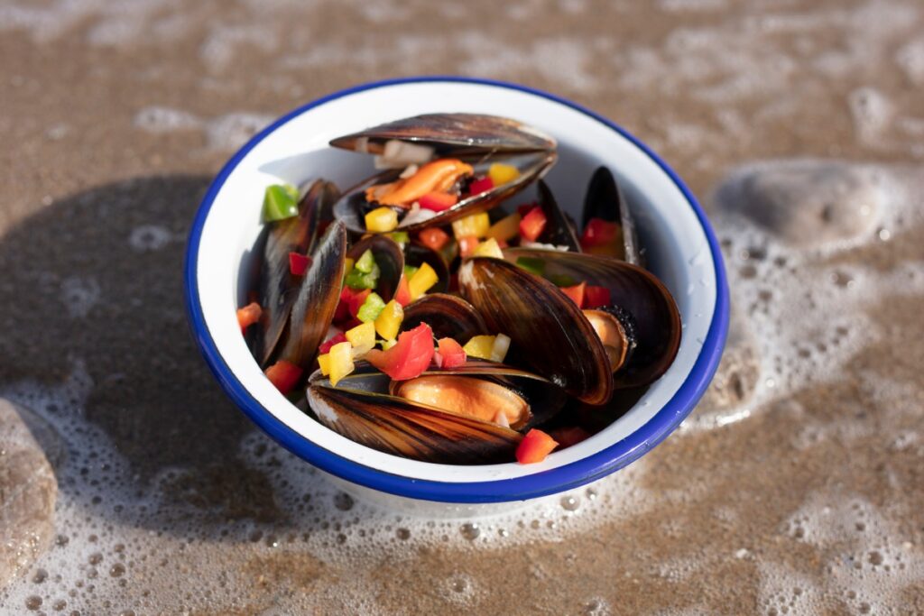 Eine Schale mit geöffneten Miesmuscheln, Paprika und Gemüse steht im flachen Meerwasser am felsigen Ufer.
