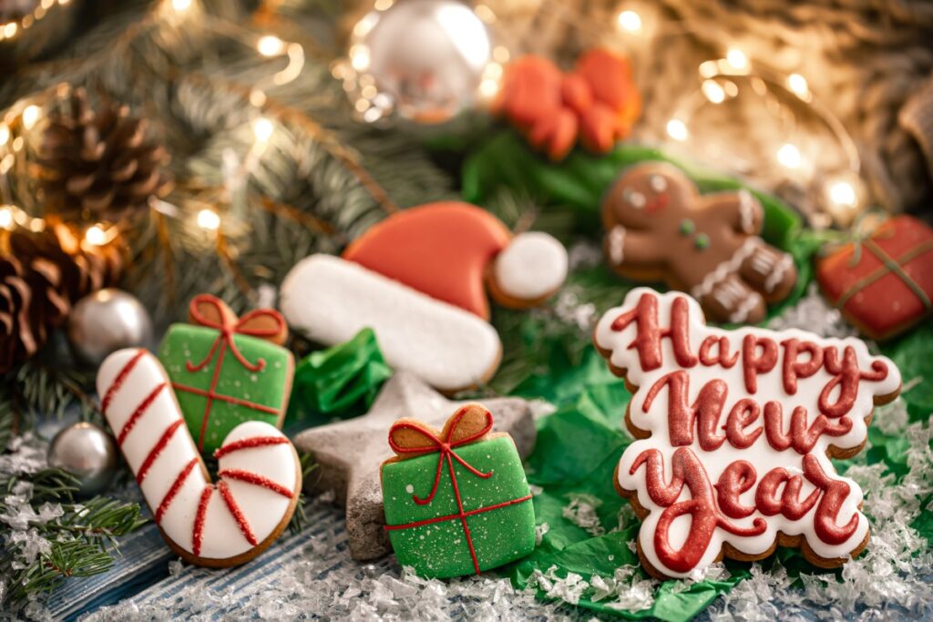 Festive glazed gingerbread cookies, candy cane, gifts and Happy New Year icing sign beneath Christmas lights